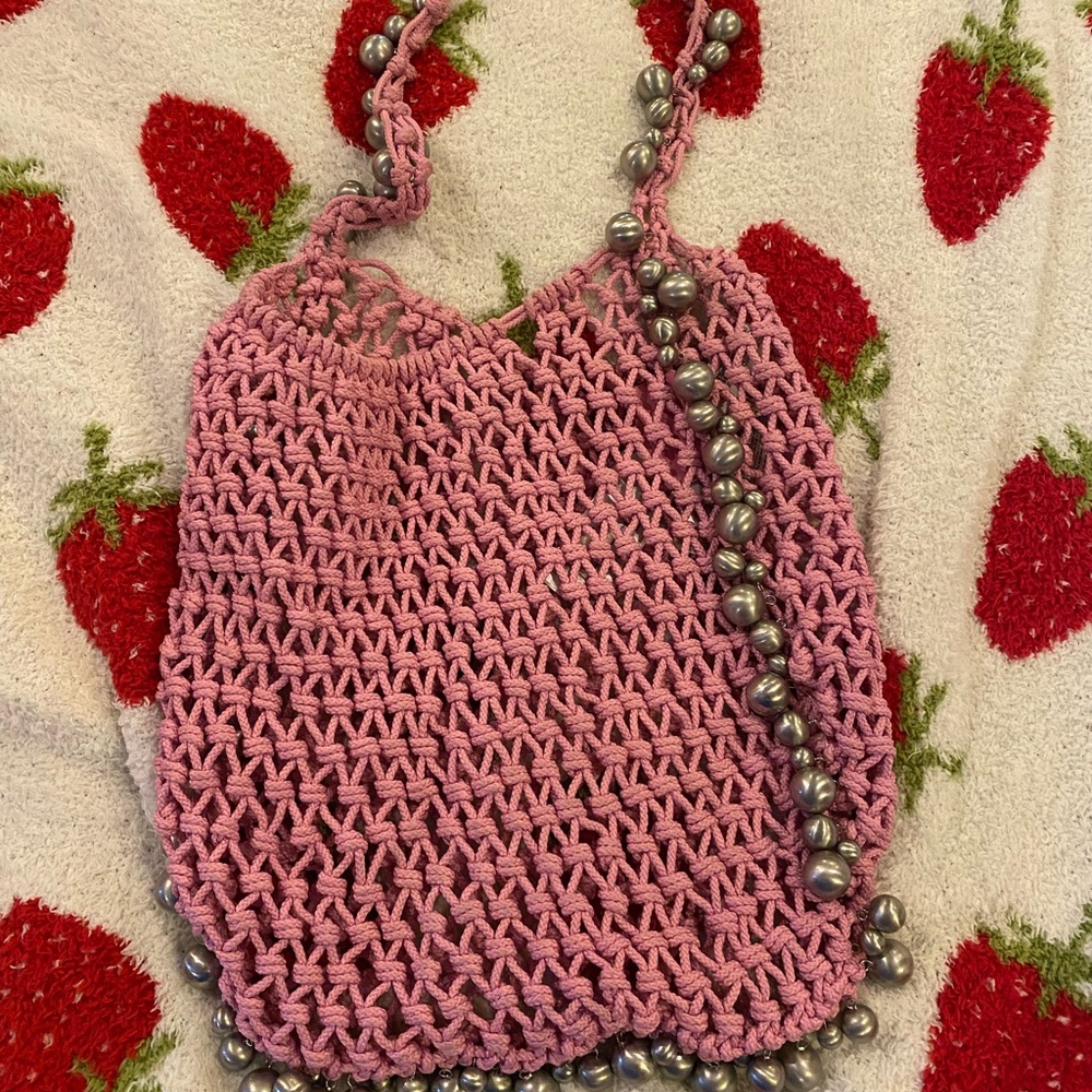 Pink Crochet Mango Bag with Beaded Strap